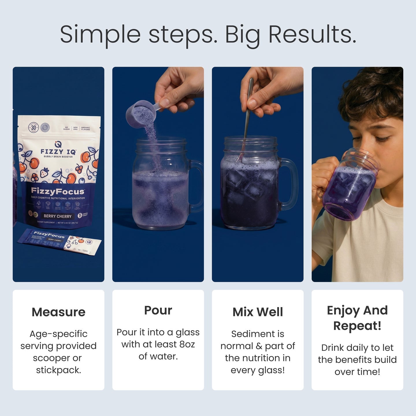 FizzyFocus simple steps: tear, pour, mix, drink